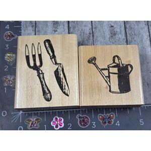 Anita's Gardening Tools Flowers Lot of 2 Watering Can Rubber Stamp Wood #Q22